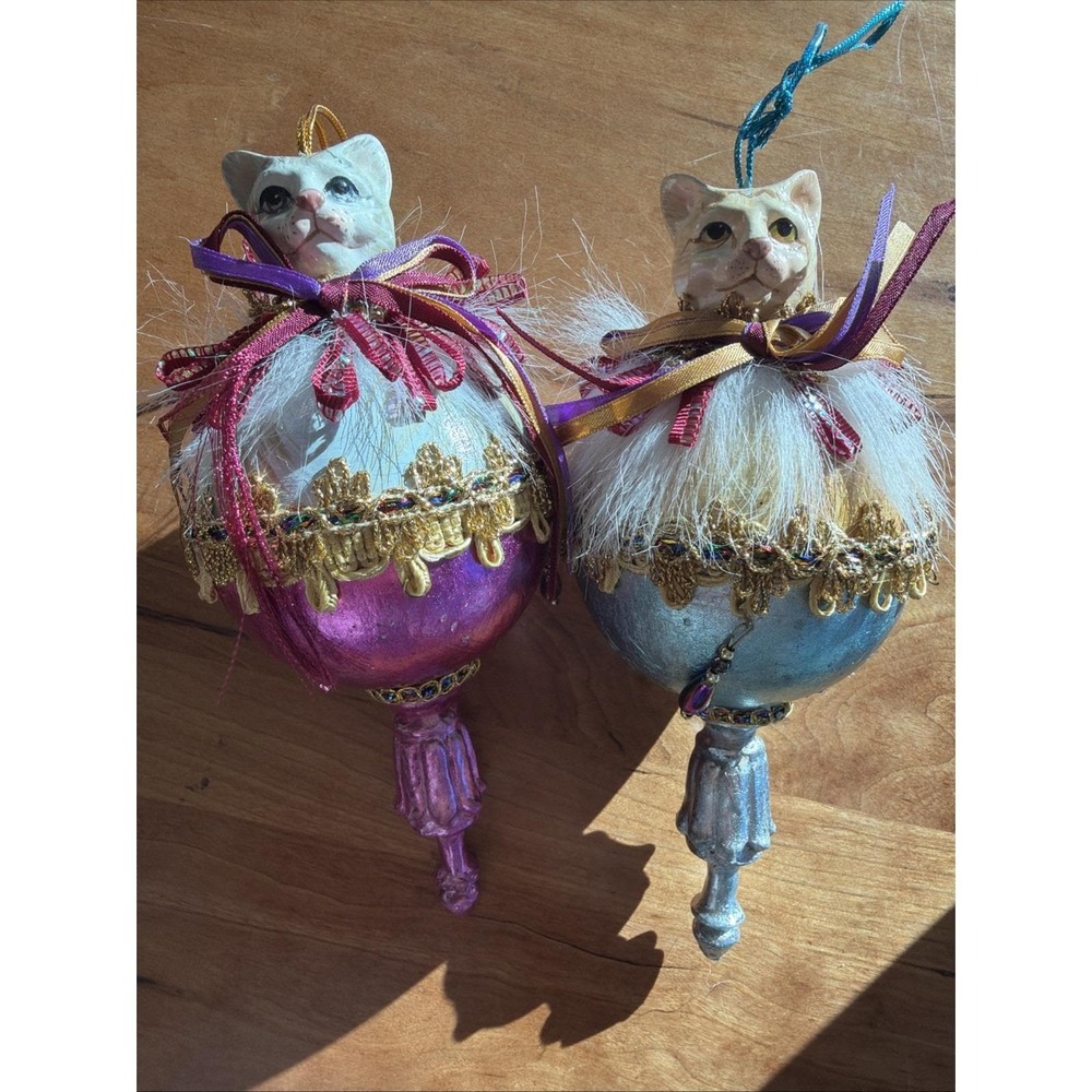Pair Katherine's Collection Tabby Cat ‎ Finial Jester Dangle Drop Ornament 2003